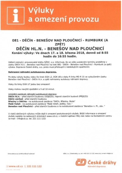 Výluka mezi stanicemi Děčín hl.n. a Benešov n.Pl. 17. 3. a 18 .3. 2018